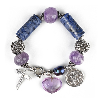 Einzigartiges Silberarmband mit Amethyst, Sodalith & Parvati-Amulett. Spiritueller Armschmuck mit Symbolkraft & filigranen Silberdetails